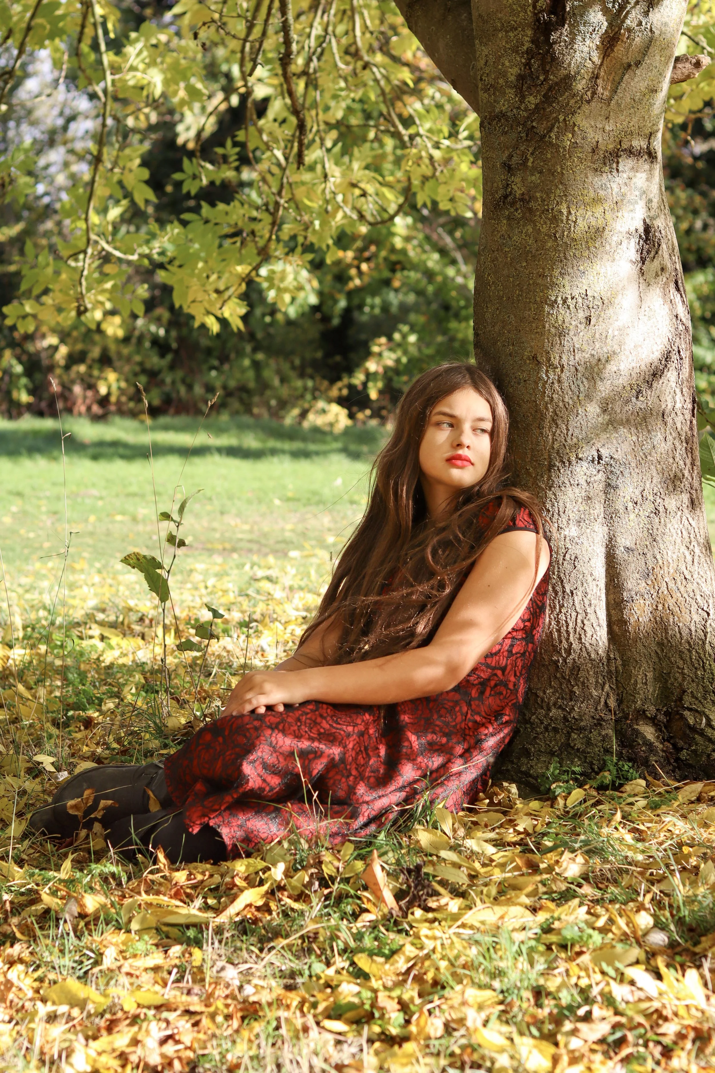 A young woman with long brown hair wearing a red and black dress sitting on fallen autumn leaves, leaning against a large tree trunk outdoors on a sunny day.