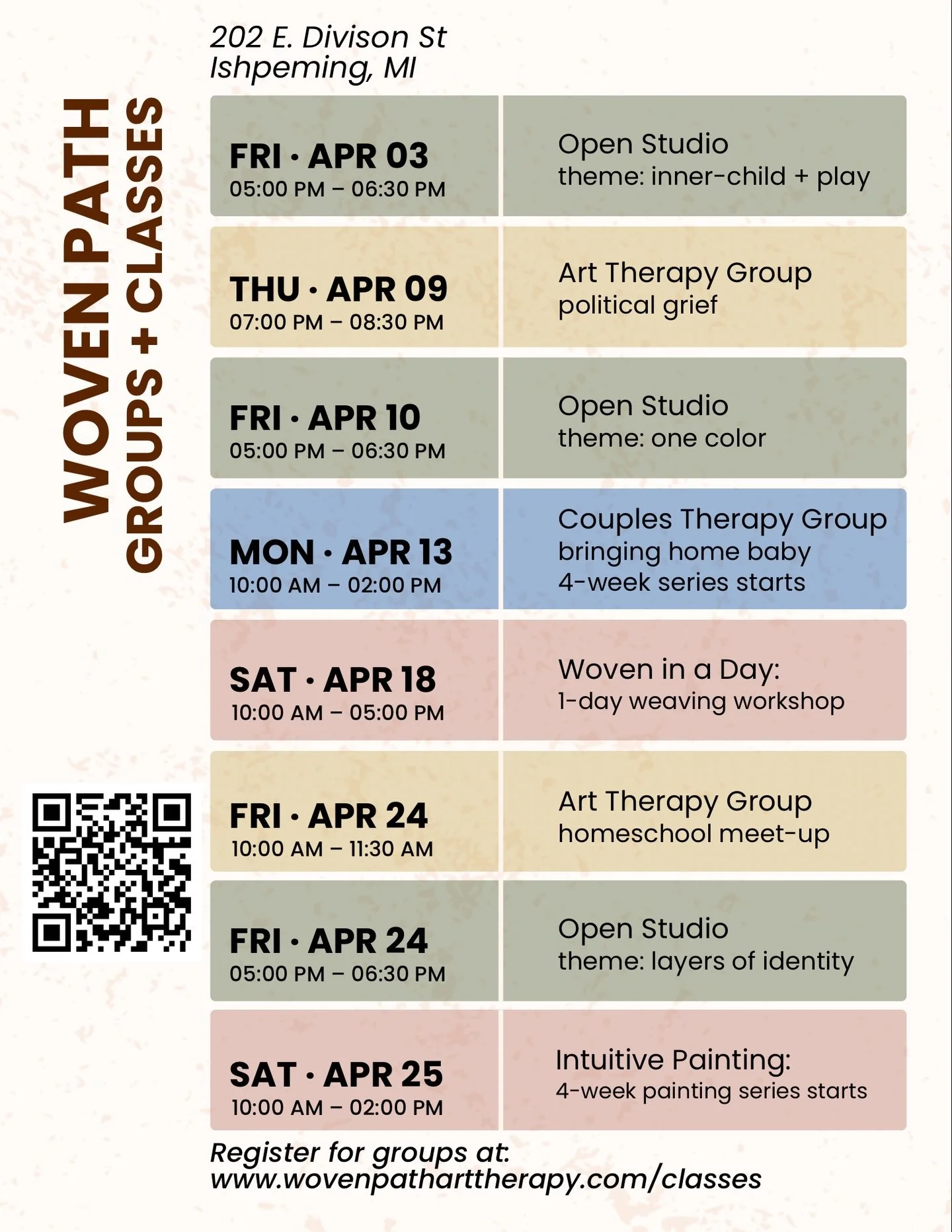 We have so much going on in April! 

Check out the website to register for Open Studios, Art Therapy Groups, Creatives Classes, or Therapy Groups. We can&rsquo;t wait to welcome you into the studio. 

Register for groups at:  www.wovenpatharttherapy.
