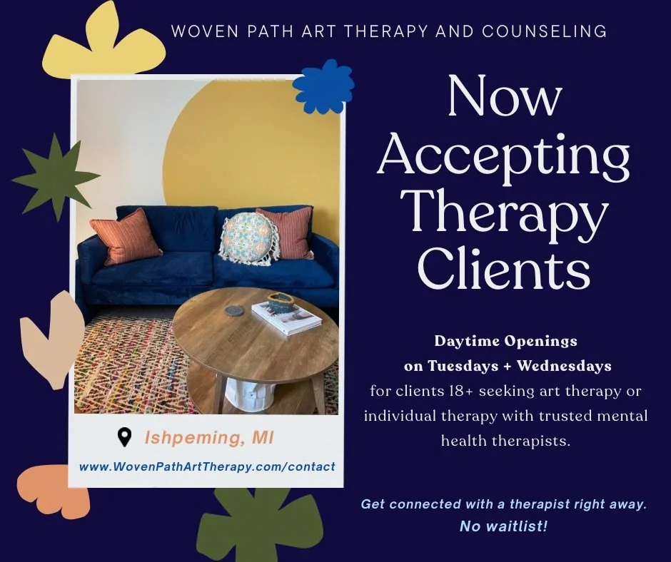 We are currently accepting new clients at Woven Path!

We have daytime availability and our team is ready to help you get connected right away, no long waitlists!

Reach out today to get matched with a therapist that fits your needs, start by filling