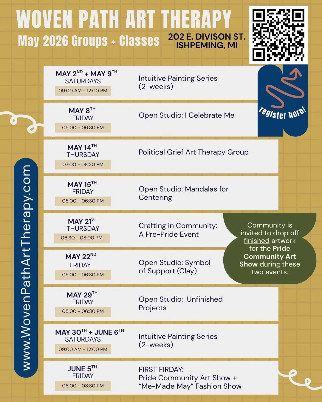 It's gonna be MAY! 
Check out what community groups we have going at the art therapy studio next month <3 Can't wait to make with you!