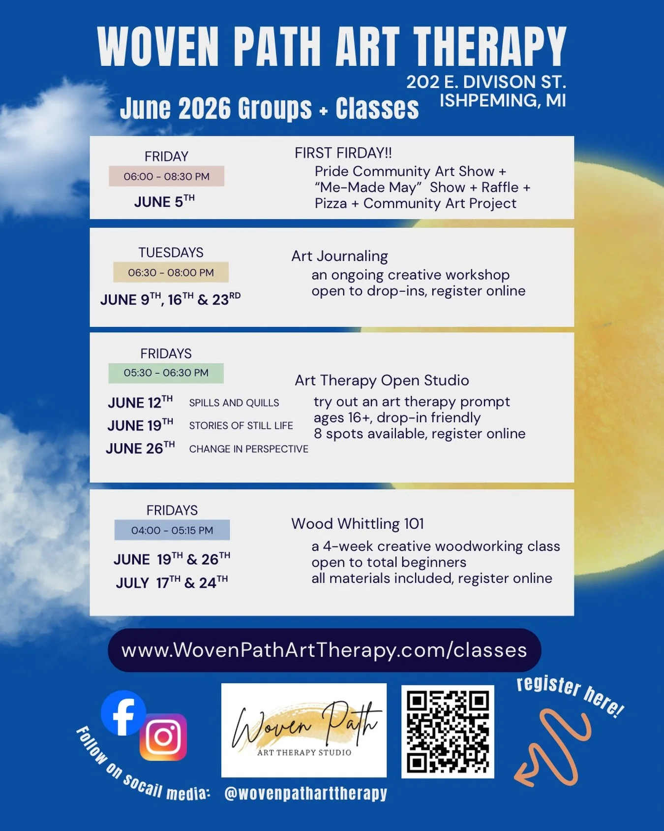 ☀️ JUNE ☀️ 
Kicking off the summer with a community art show filled beautiful, colorful pieces made by beautiful, colorful people 🏳️&zwj;🌈
Followed by opportunities to make something intentional and express yourself in some new ways &hellip; 📖 🪵 