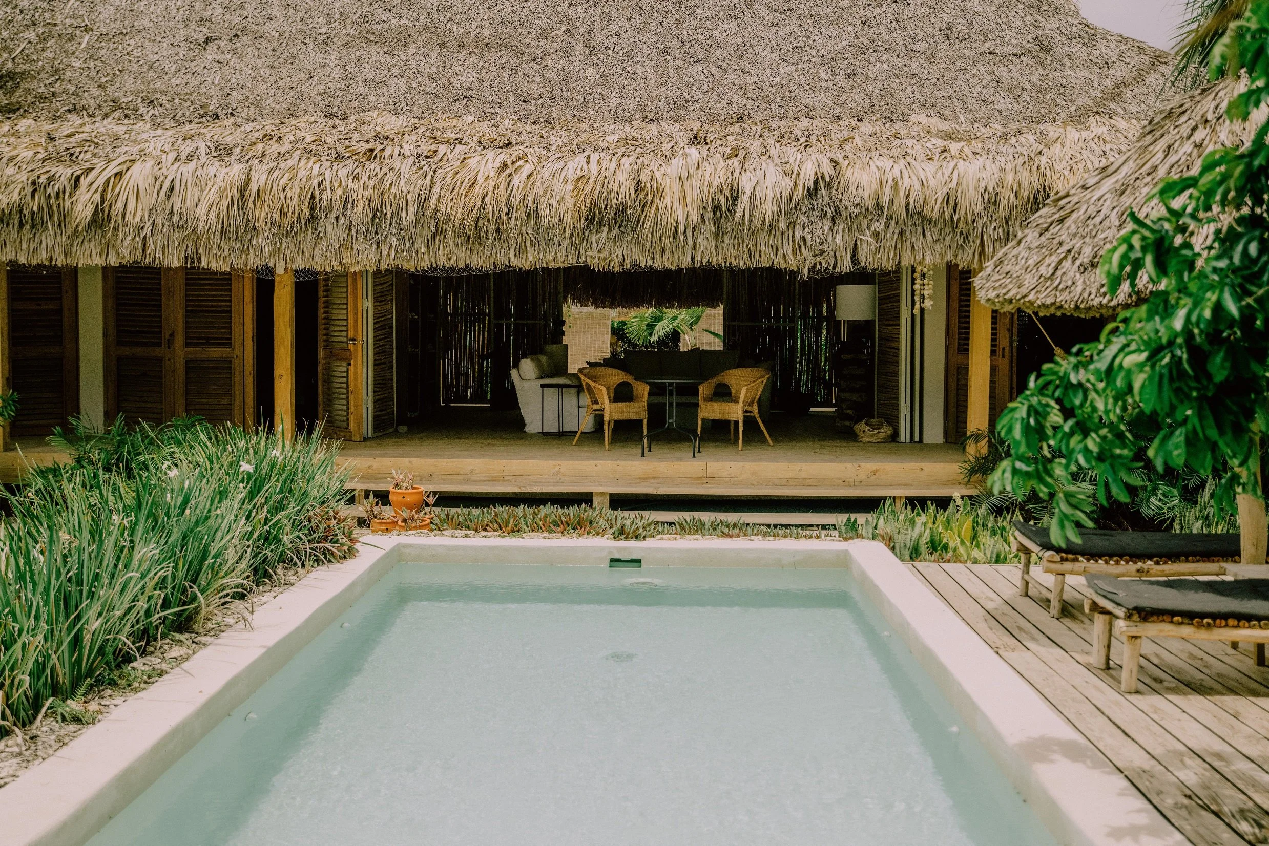 Alberca en una área de descanso con áreas de tumbonas y un espacio techado con sillas y mesas en un entorno natural y tropical.