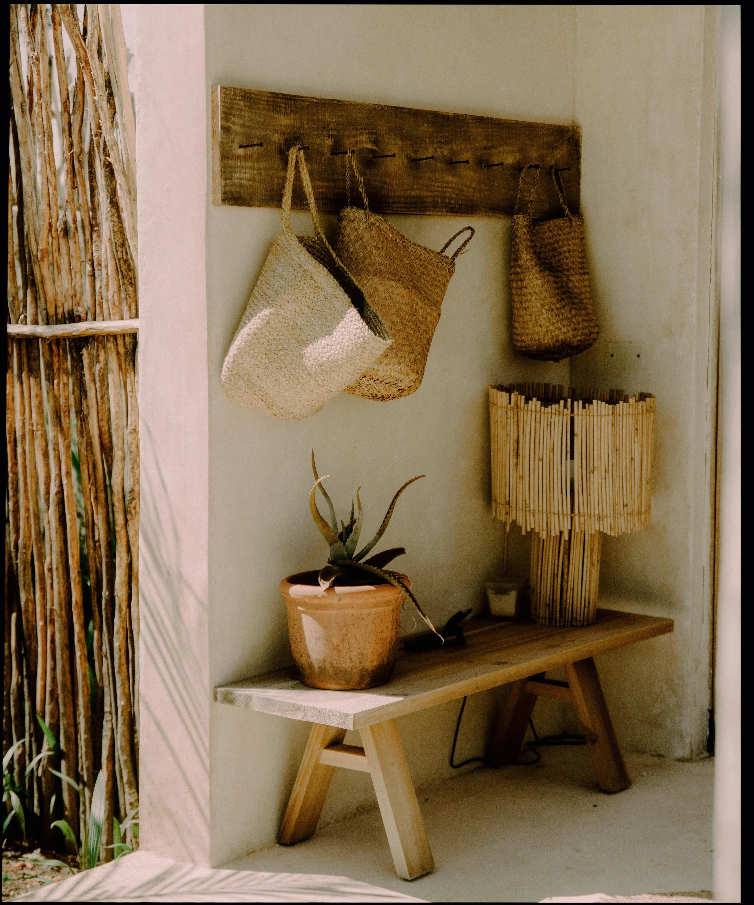 Accesorios decorativos de mimbre en pared, planta en maceta, lámpara de diseño único y banco de madera.