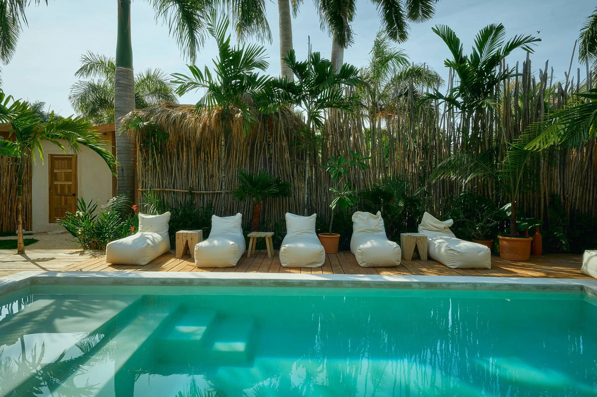 Zona de piscina con sillas blancas y plantas tropicales.