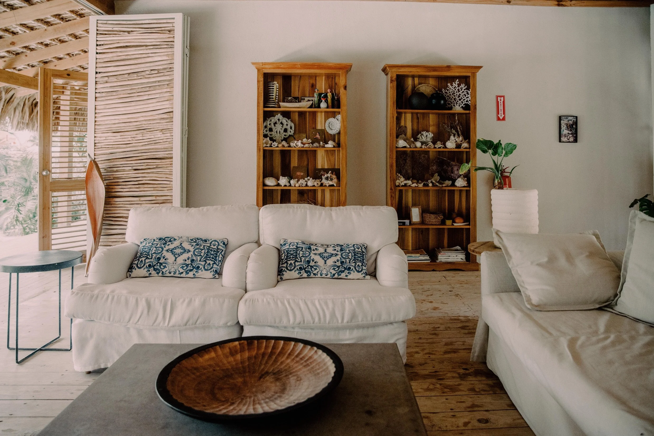 Sala de estar con sillones blancos, estanterías de madera con decoraciones marinas, plantas en un florero y una mesa de madera con un plato decorativo.