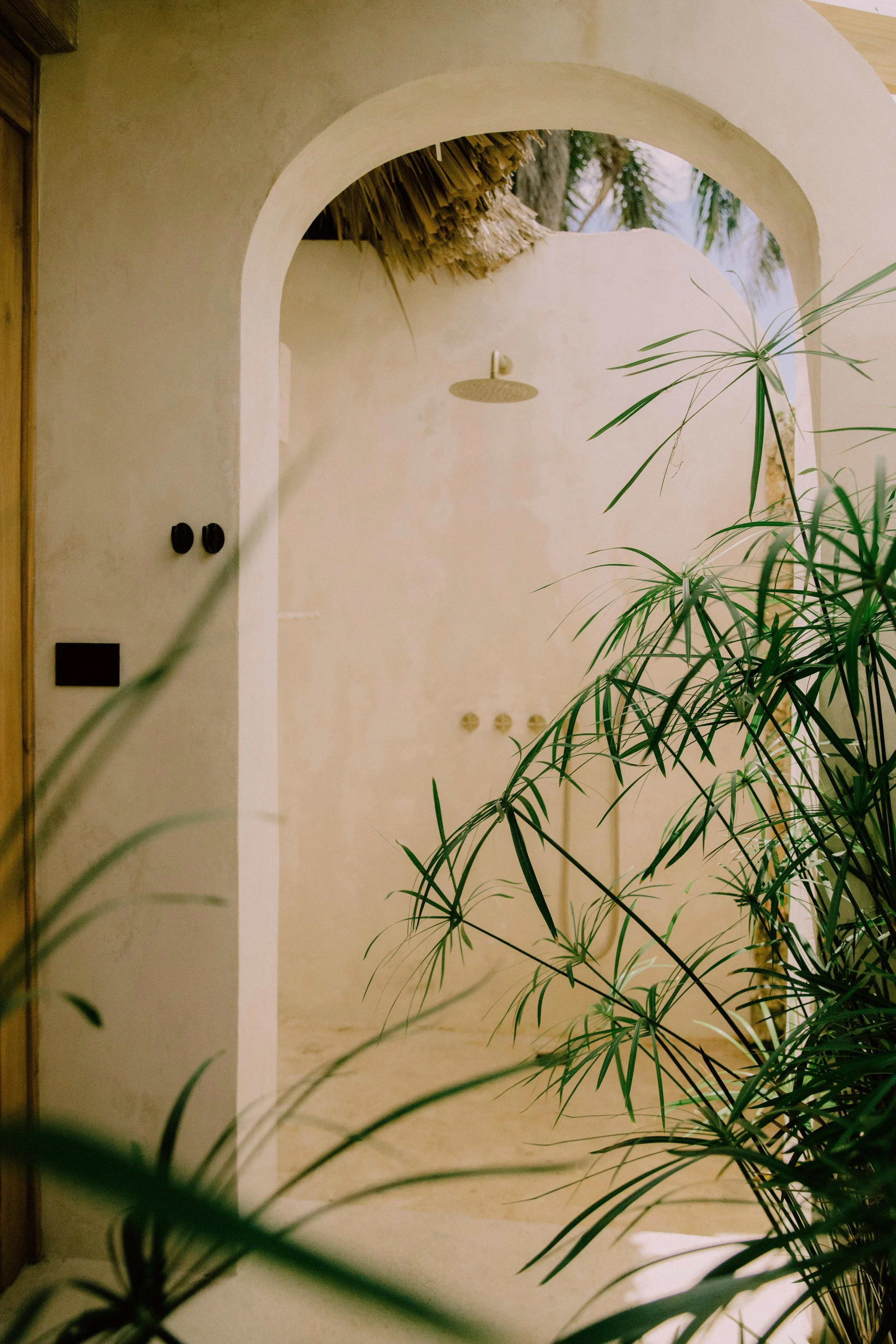 Vista de una ducha sin puertas, con techo de paja y paredes de color beige, con plantas verdes en primer plano y árboles palmáceos visibles en el fondo