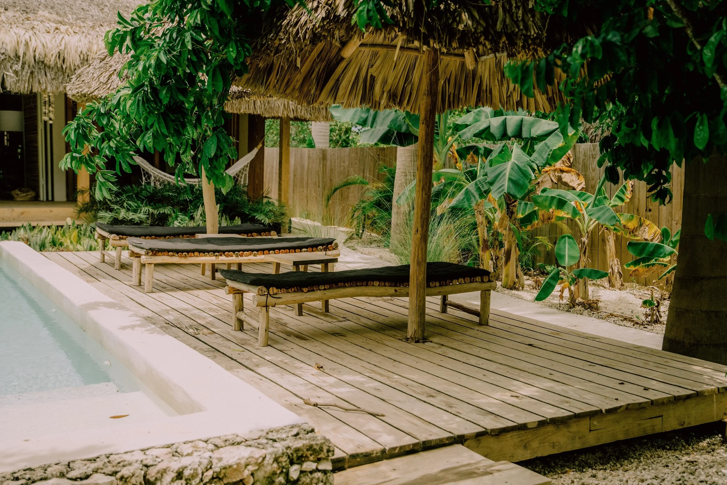 Hamacas de madera y palapa en una zona de descanso junto a la piscina, rodeada de plantas tropicales y árboles.