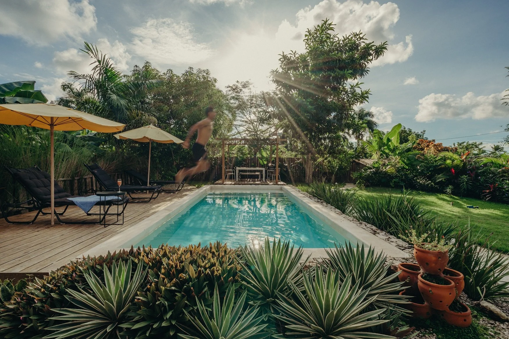 Niño saltando a una piscina en un patio rodeado de plantas y sombrillas, con el sol brillante en el cielo.