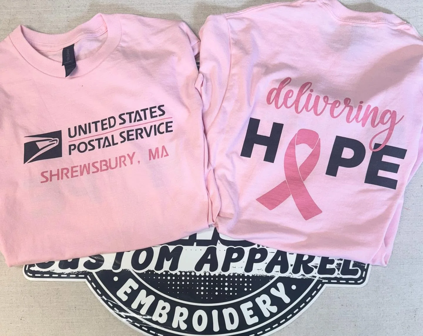 Pink breast cancer awareness tees for the Shrewsbury Post Office