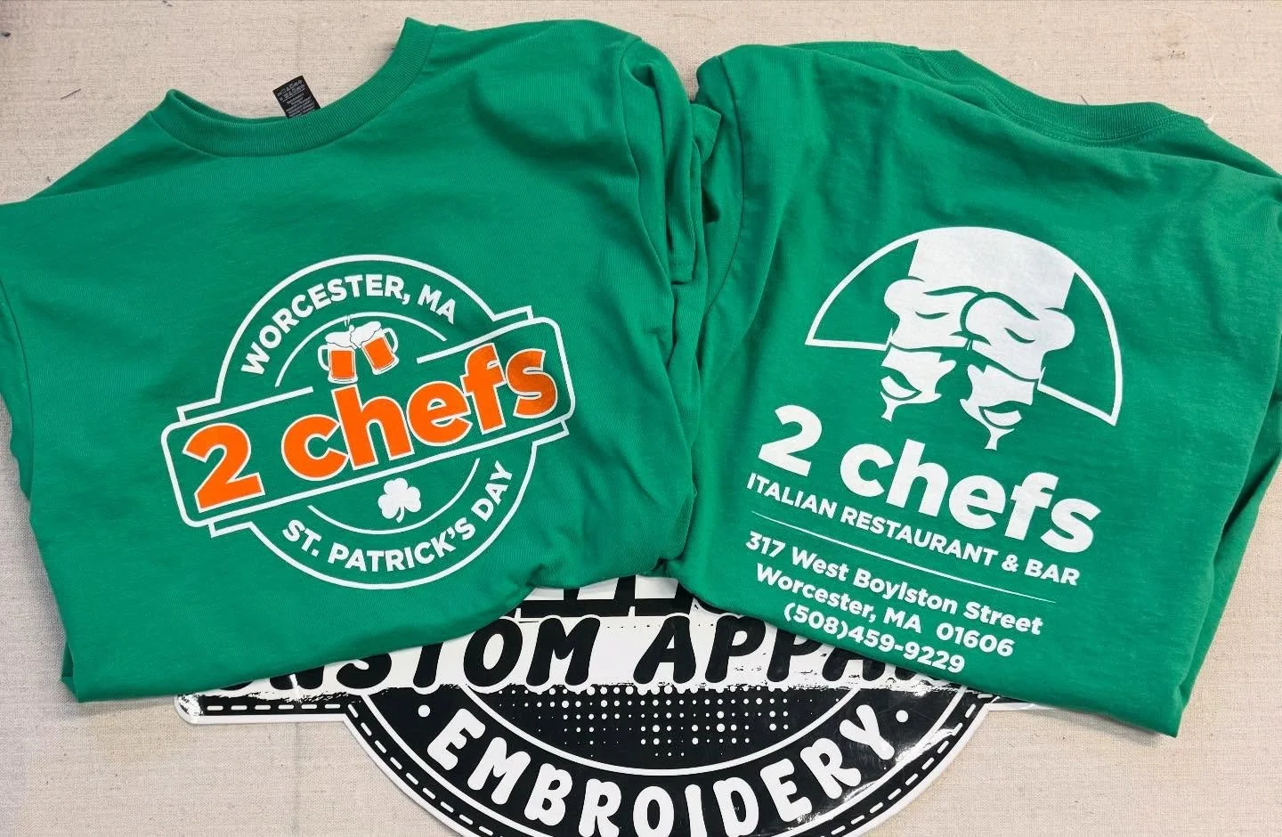 St. Patty&rsquo;s day tees for our friends at @2chefsrestaurant ☘️