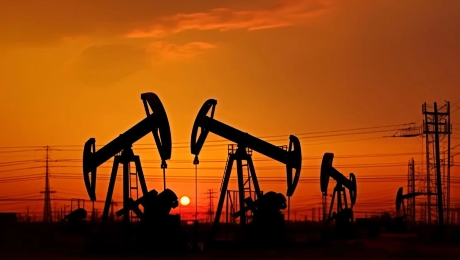 Silhouettes of oil pumps against a vivid orange sunset with power lines in the background.