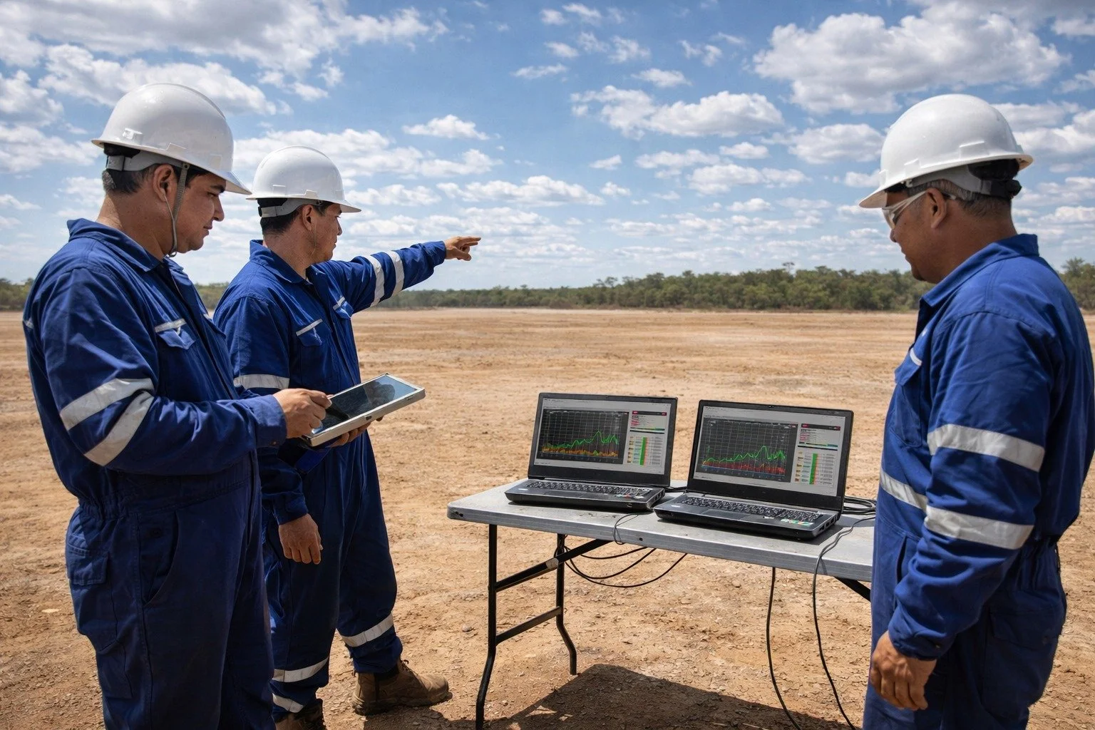 Four men wearing blue coveralls and white safety helmets standing outdoors on a dirt field with three laptops showing charts, while one man points at the scene, possibly overseeing a field operation or data analysis.