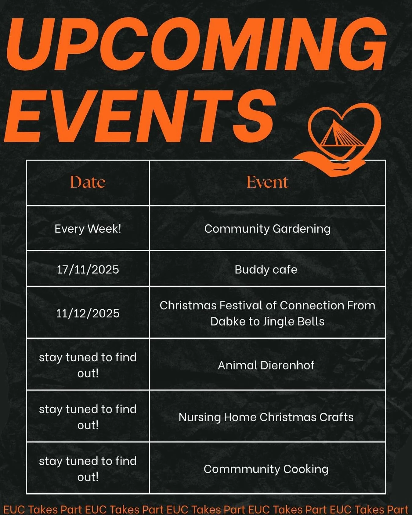 Upcoming events for quad two! Make sure to join the WhatsApp group and look out on the website for updates and signups 🧡🧡 #euctakespart