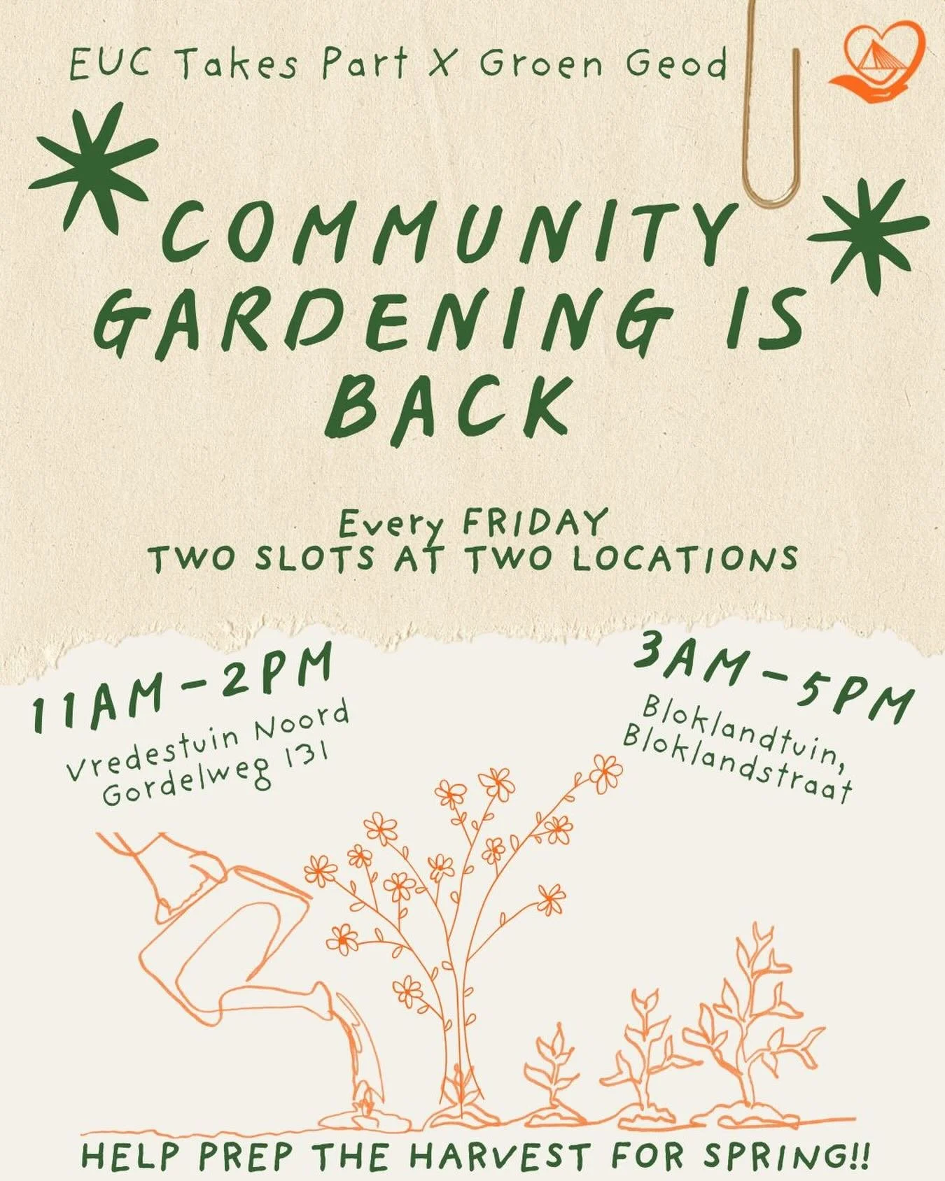 Stuck at home in this cold weather? 
Come garden in some warm clothes, drink tea and enjoy the nature! 🌱🌿

This Friday, get your hands green! Volunteer now in Rotterdam, there are two different slots in two different locations! 🌟

As a volunteer, 