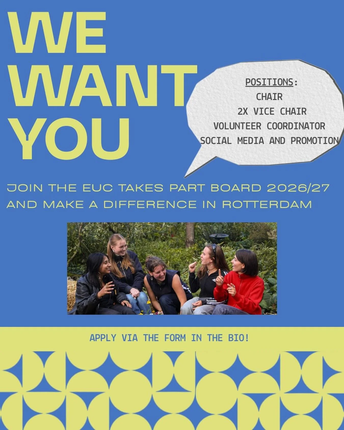 Lead. Coordinate. Design. Connect 

We are officially starting our recruitment period for the new 2026/2027 Board of EUC takes part!! 

Come by our stand tomorrow at EUC to chat to us and learn more about the roles and what to expect 🌟🌟

#volunteer