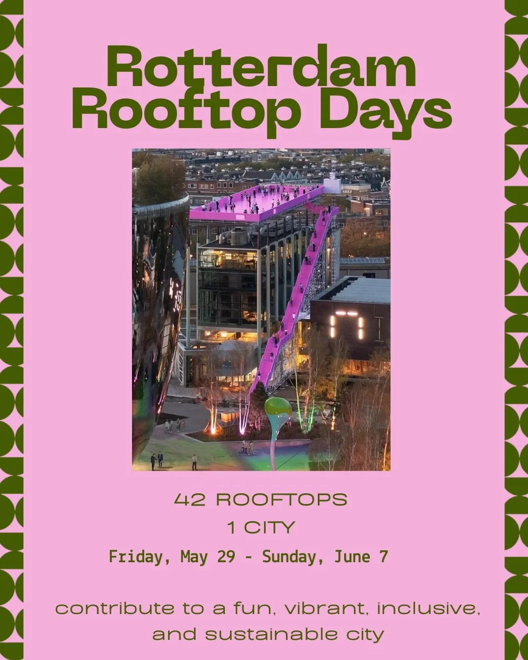 🌇✨ Want a view and a purpose?
Join us for Rooftop Days and be part of one of Rotterdam&rsquo;s most unique festivals! From hidden rooftops to skyline views, you&rsquo;ll help bring the city to life from above. 🏙️
 Friday, May 29  to Sunday, June 7,