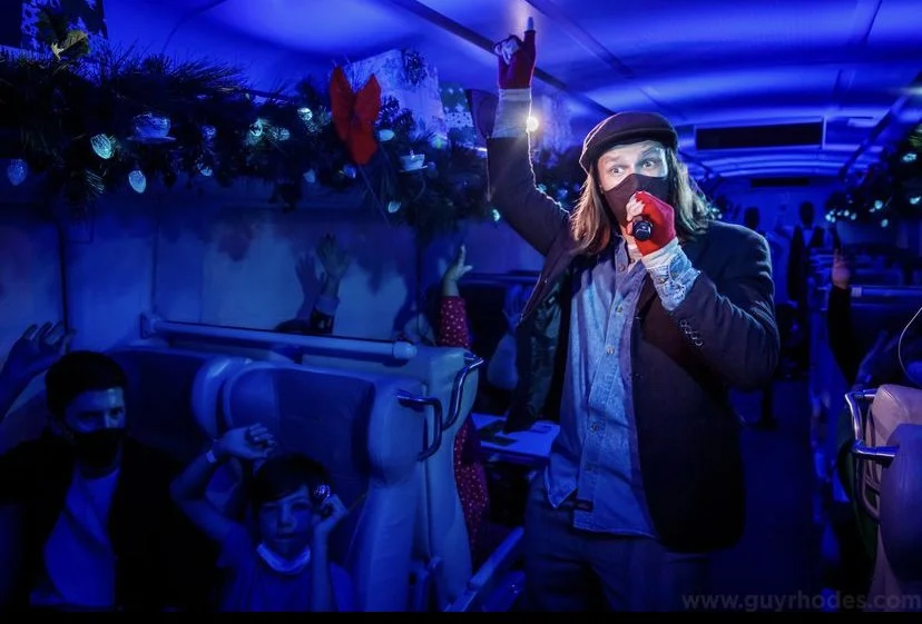 Ben as the Train Drifter in the Polar Express live on the Miami Brightline