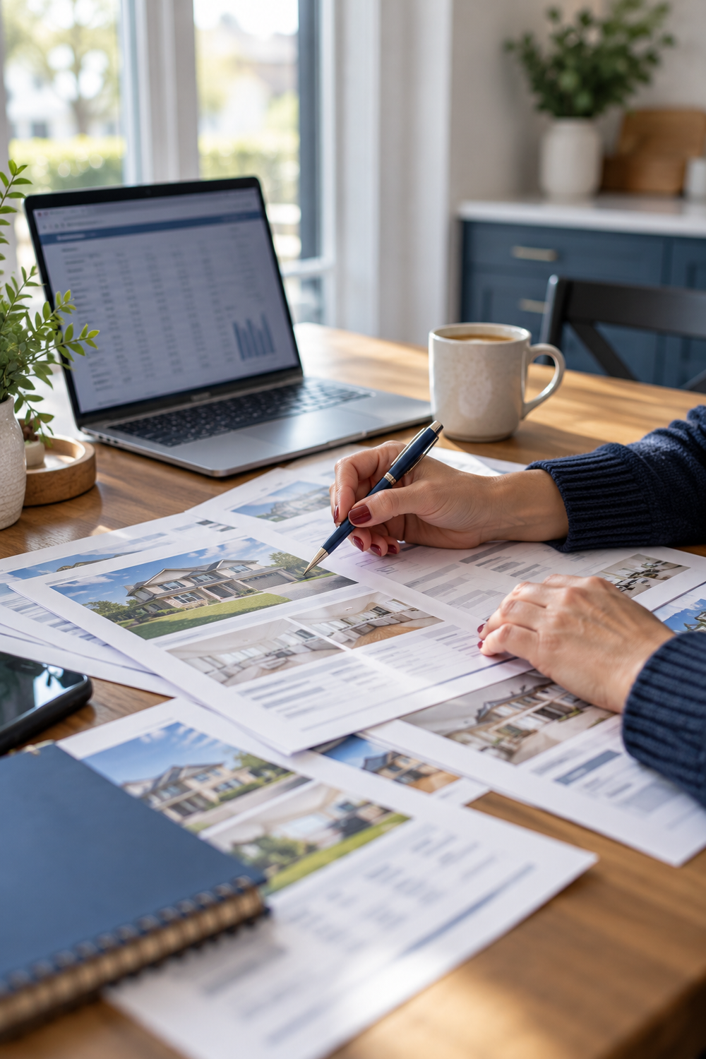 Reviewing property listing sheets at a kitchen table