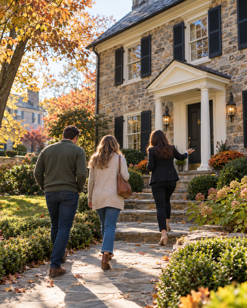 An agent walking a couple up the path to a stone colonial home