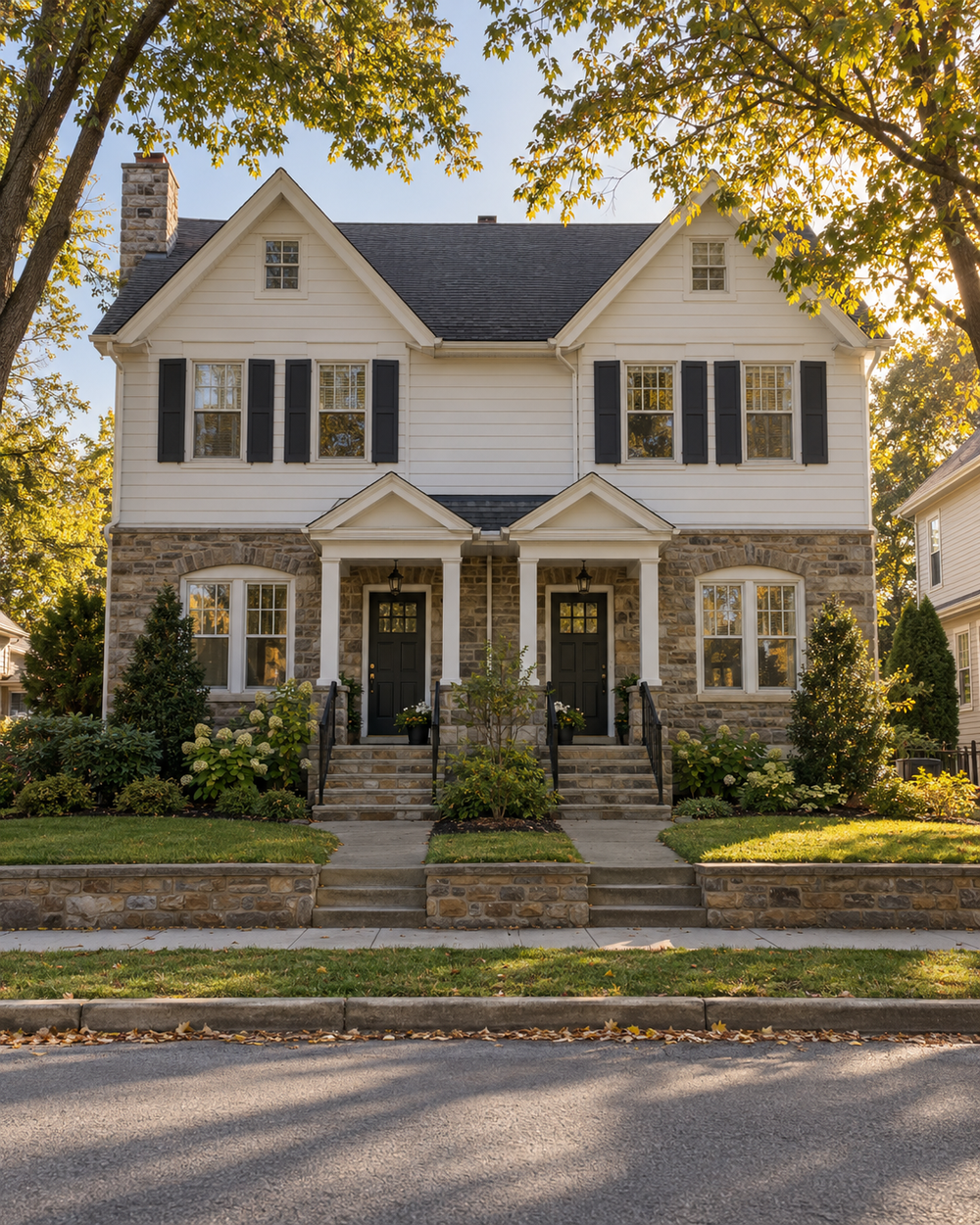 A stone twin home on a tree-lined Chester County street