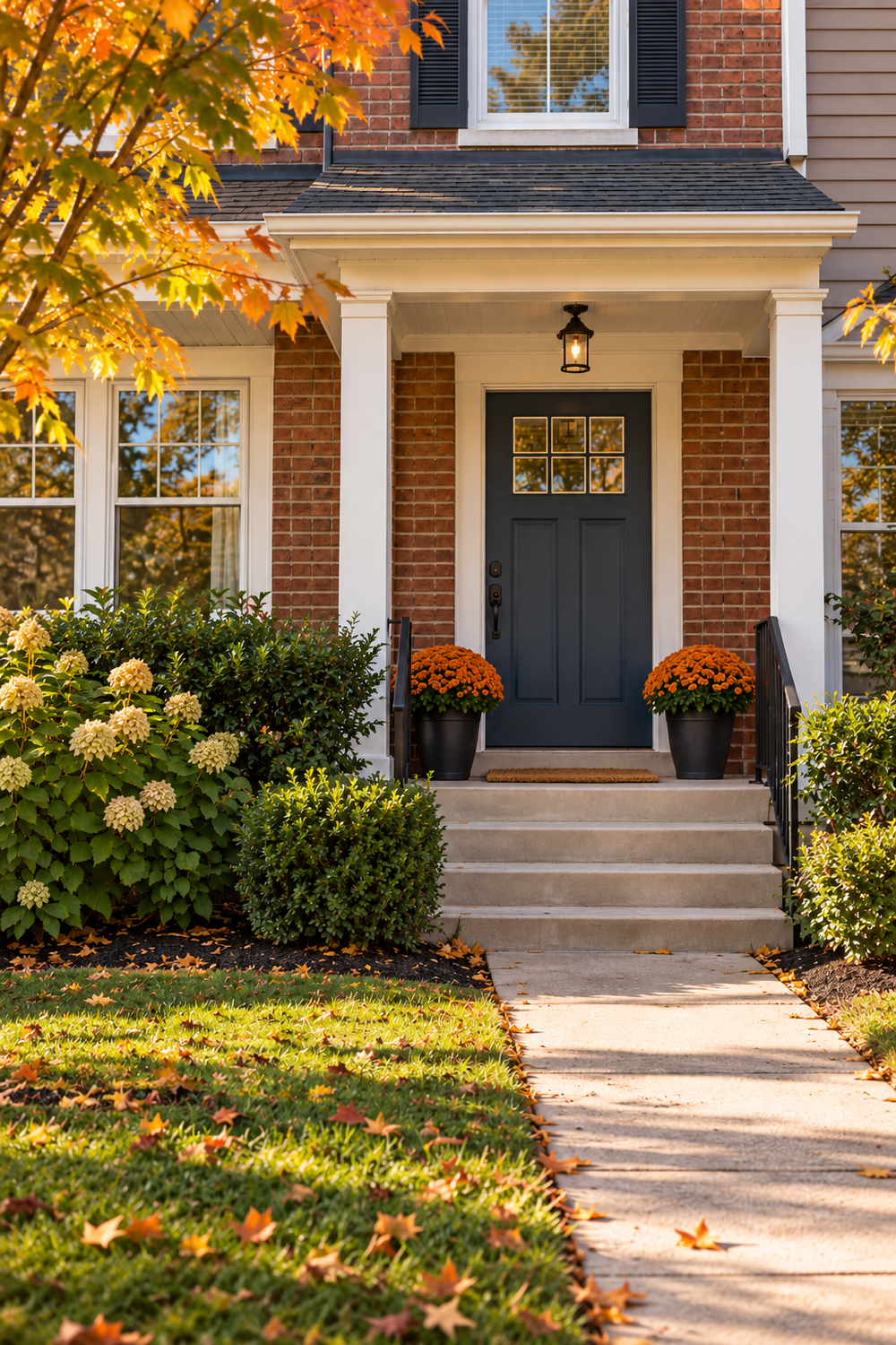Front steps and door of a brick home in autumn
