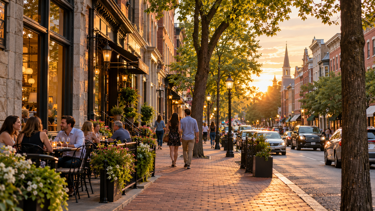 A historic Chester County main street at sunset