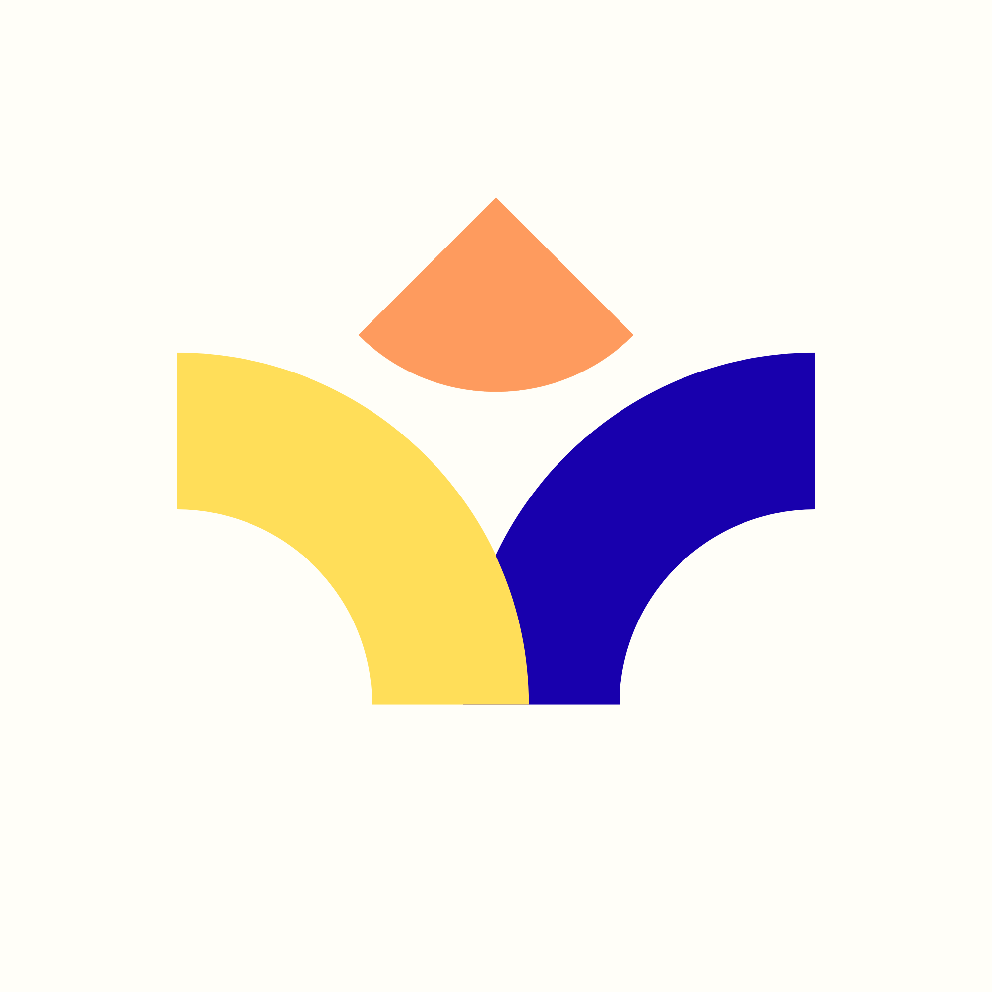 Abstract geometric shapes in yellow, orange, dark blue, and light blue on a light background.