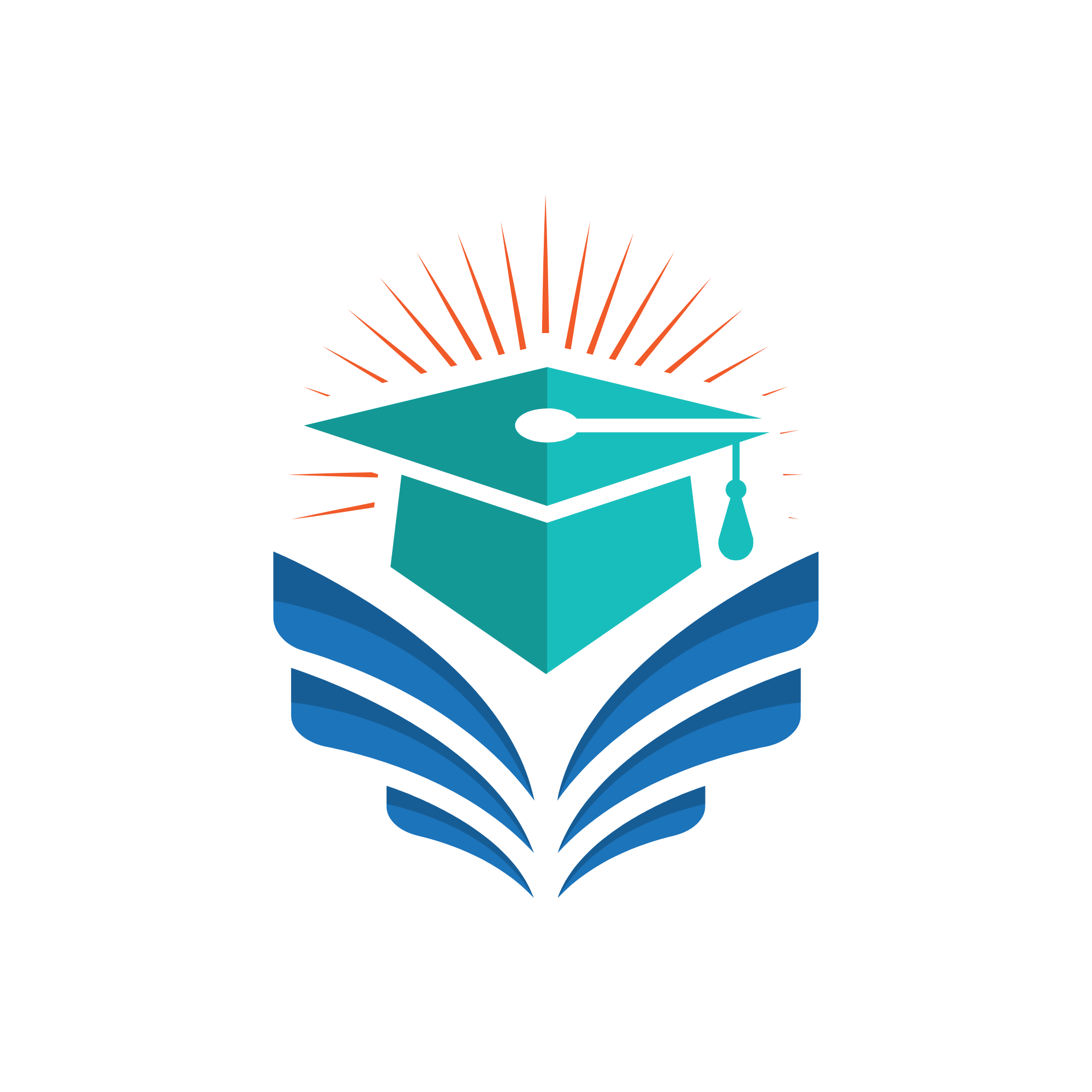A logo of a stylized open book with a graduation cap on top, radiating lines behind it, in shades of blue and orange.