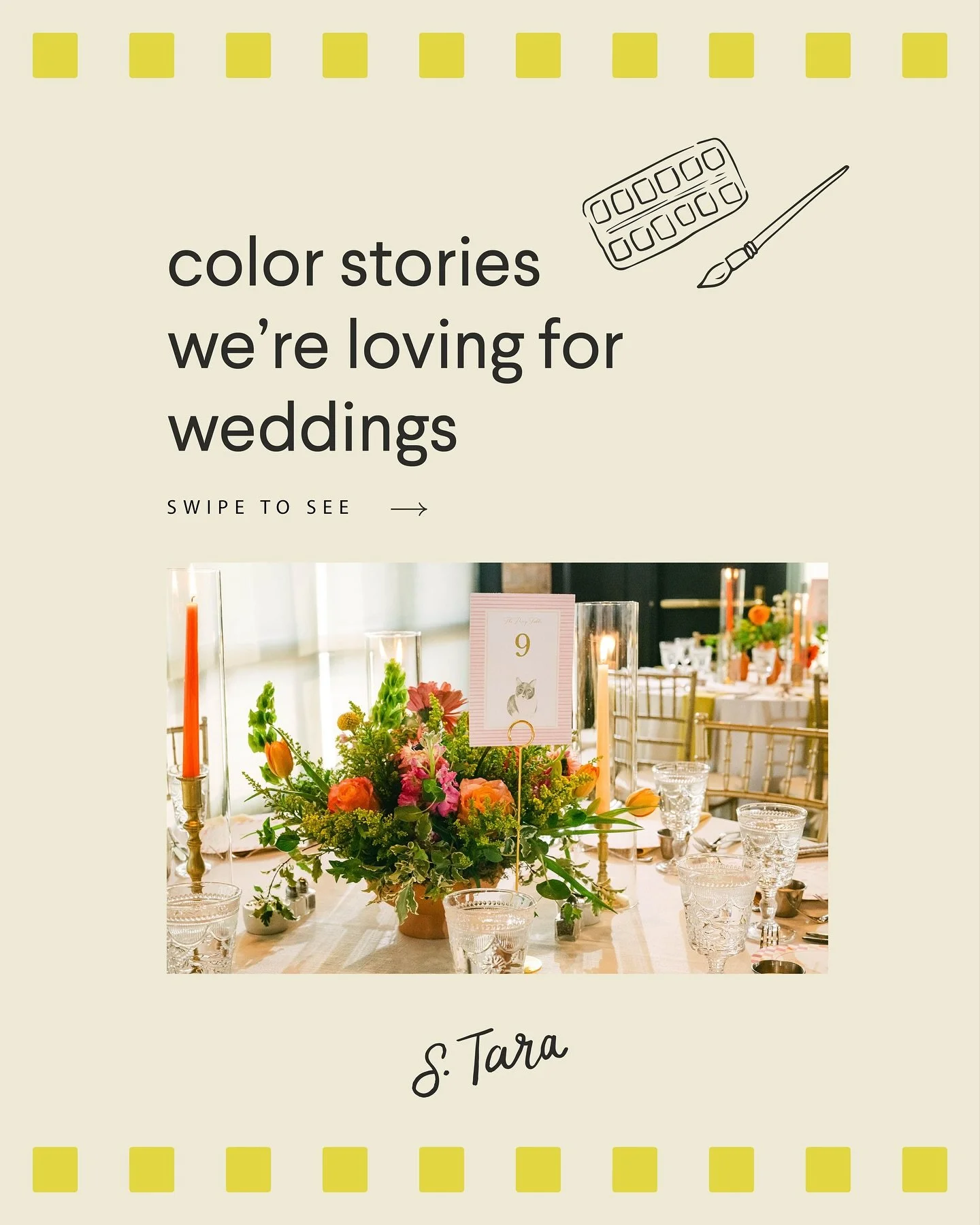 A color story we&rsquo;re obsessed with right now: chartreuse, bubblegum, &amp; tangerine. 

This color combination is a summer delight! Think all things bold and pattern play. Great for a garden party wedding or rehearsal the night before. 

Swipe f