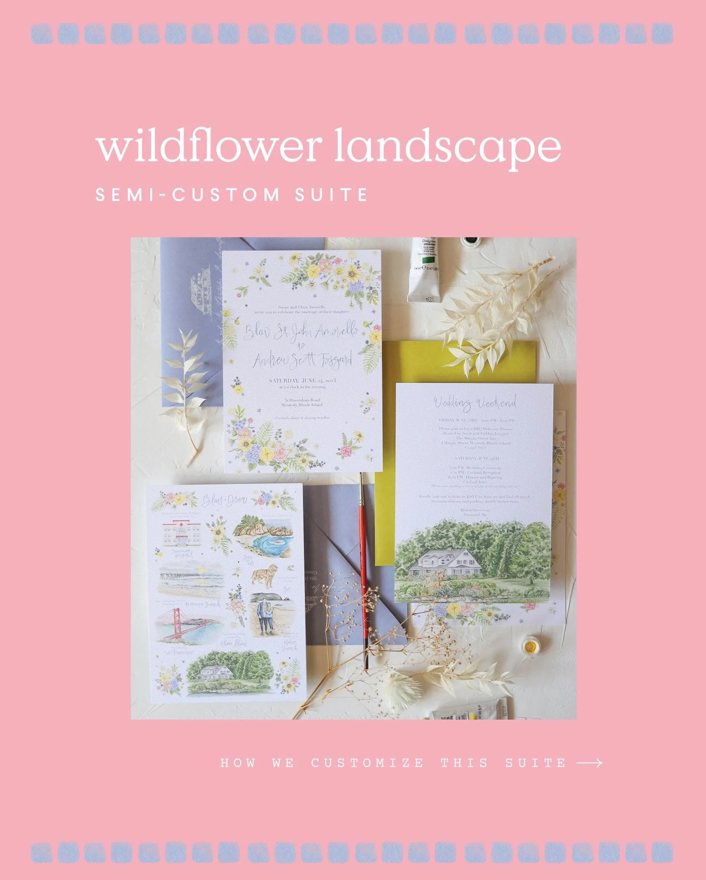 How to customize our &lsquo;Wildflower Landscape&rsquo; suite for your wedding!

Adding your wedding florals, featuring your venue on the details card, the option to add a few illustrations that tell your love story, and playful pieces like custom pa