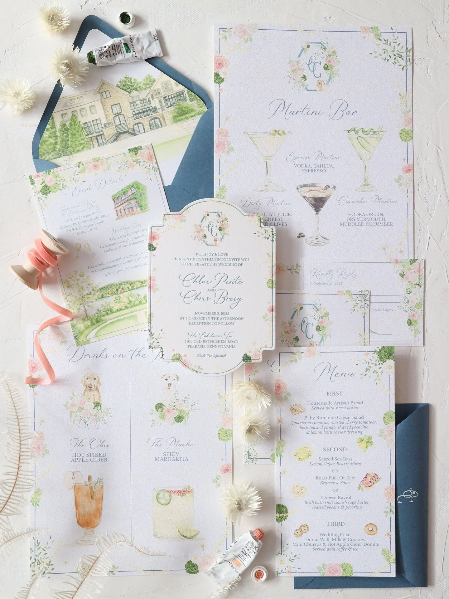 Color palette for a November wedding: navy blue, pale pink, and a fresh pop of green!

A wedding invitation suite for a sweet wedding! Add your exact wedding florals to your stationery for an instant personal touch. Clean lines and fresh florals pair