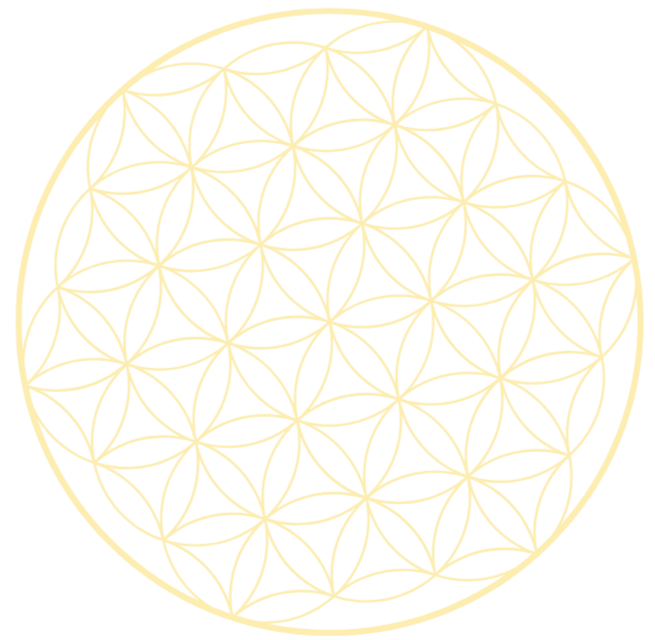 Gold geometric pattern called the Flower of Life on black background.