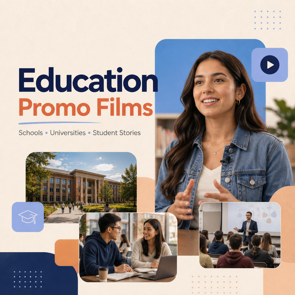A promotional poster for educational films featuring students and university scenes, including a woman speaking, students collaborating, a lecturer in a classroom, and a university building with trees.