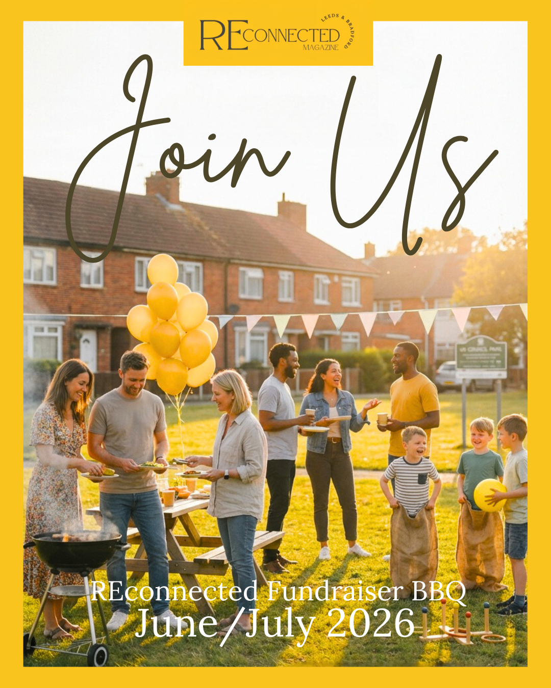 Group of people having a barbecue and socializing outdoors in a neighborhood park during sunset, with balloons and bunting for a fundraiser event in June/July 2026.