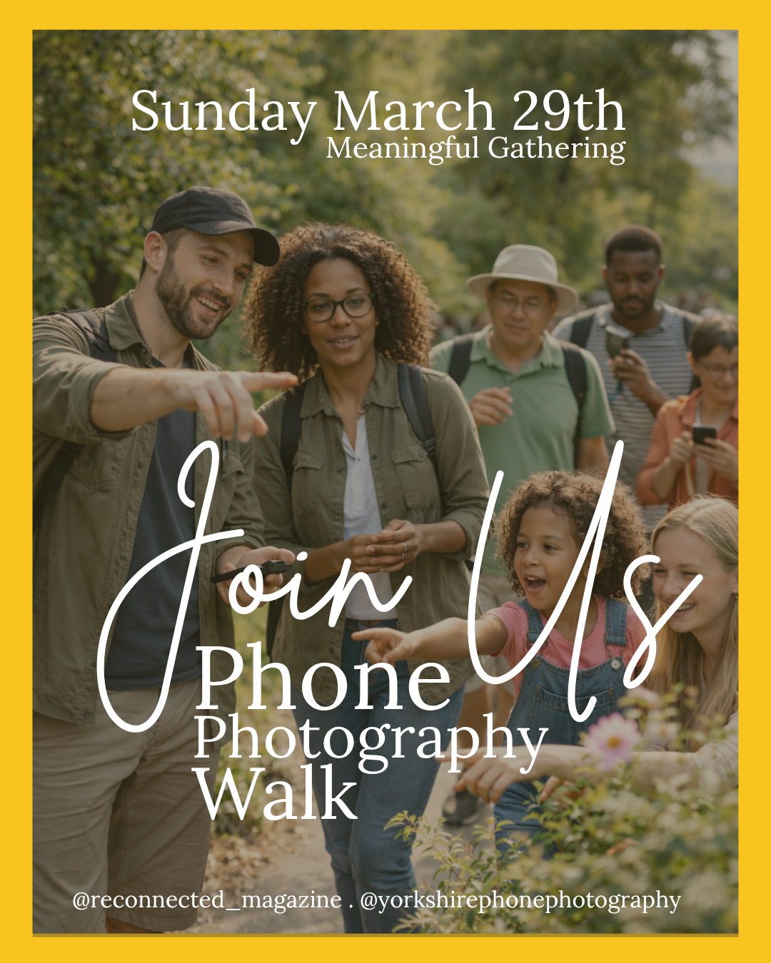 A diverse group of people, including children and adults, walking outdoors in a park-like setting during daytime. One man is pointing at something, and a woman with glasses is looking on. Others are engaged with their phones or looking around. The scene has green trees and a bright atmosphere.