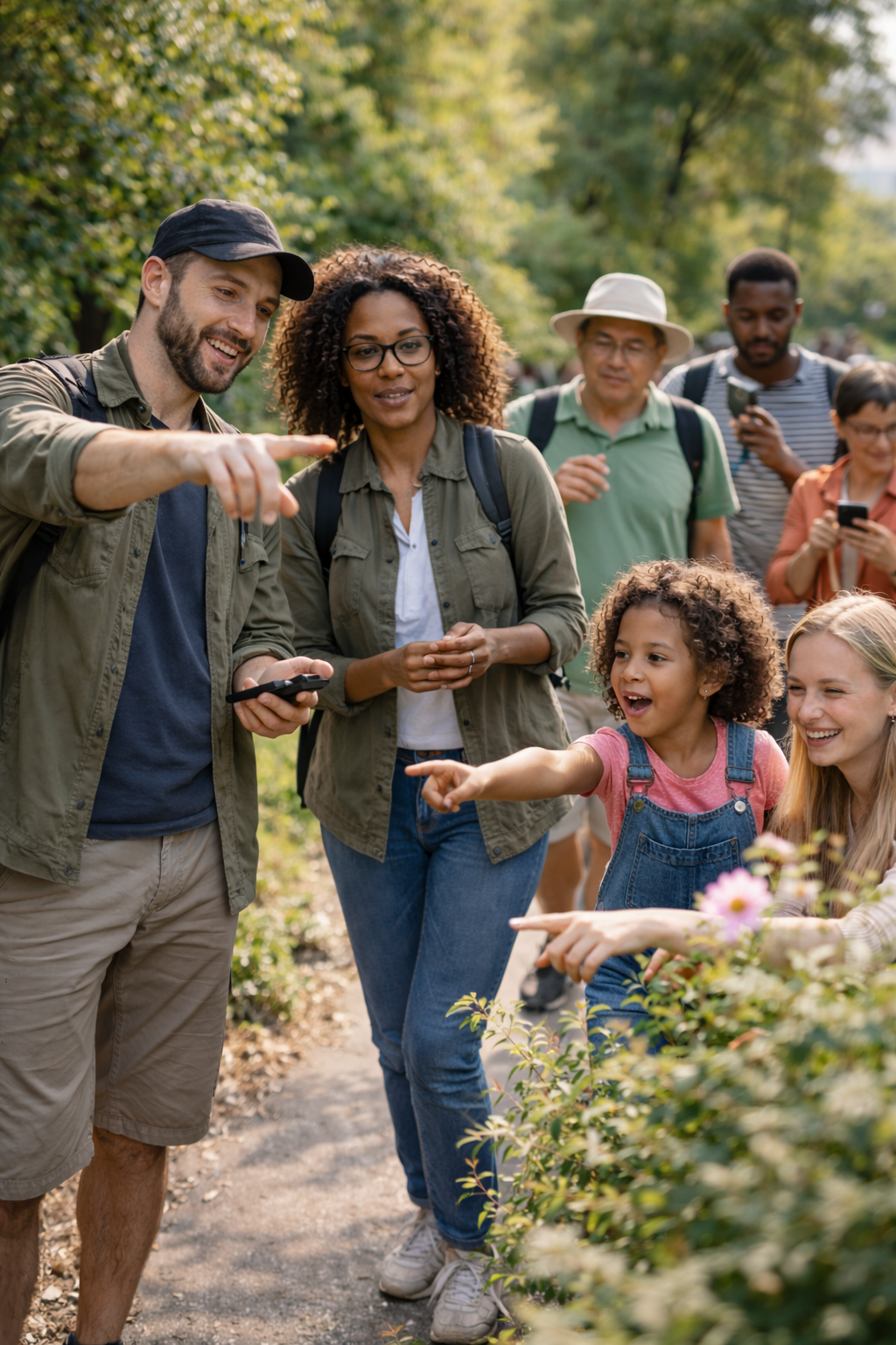 A group of diverse people enjoying a day outdoors in a park. They are looking at and pointing towards a plant or flower, engaging in conversation and smiling.