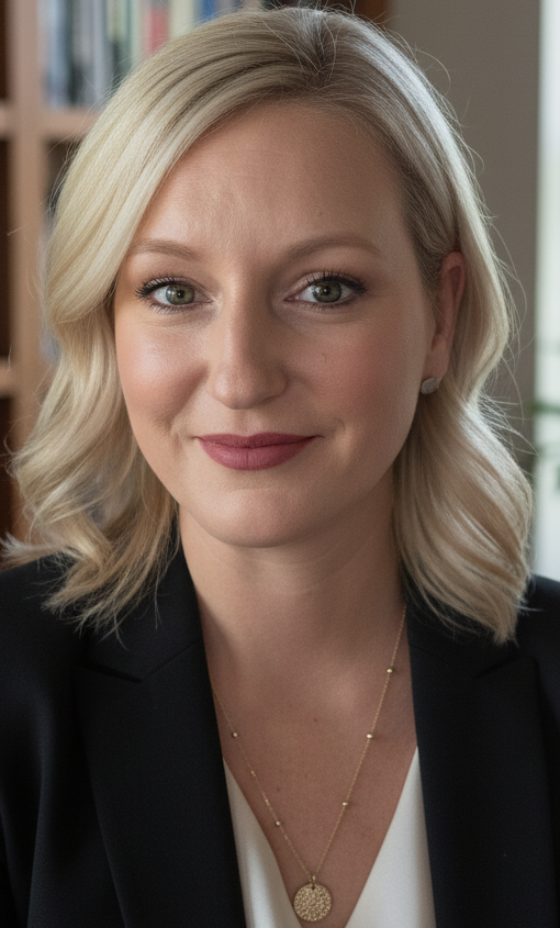 Close-up portrait of a blonde woman with shoulder-length hair, green eyes, and natural makeup, wearing a black blazer and a gold necklace with a circular pendant, sitting in a room with bookshelves in the background.