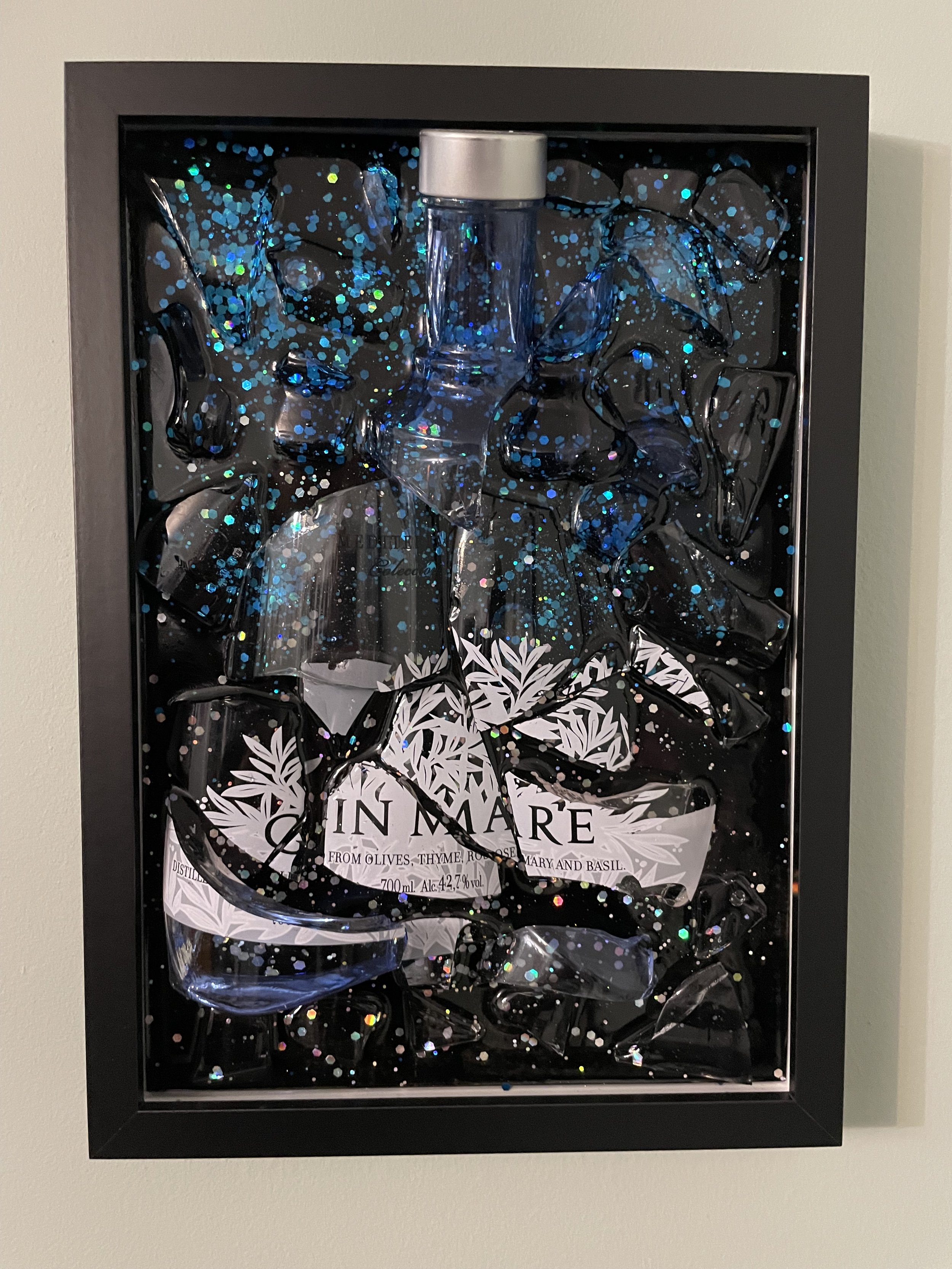Gin Mare smashed bottle art