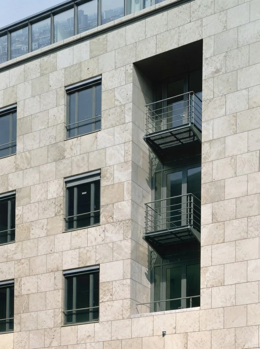 Stone façade with recessed balconies