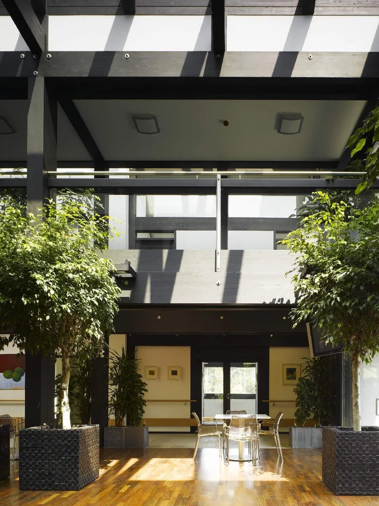The cafeteria, with tall indoor trees under the timber-framed glass roof