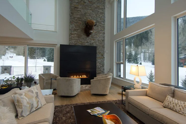 Stone fireplace, afternoon light