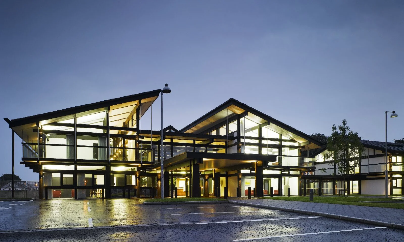 Nazareth House in Sligo, Ireland, lit from within at dusk
