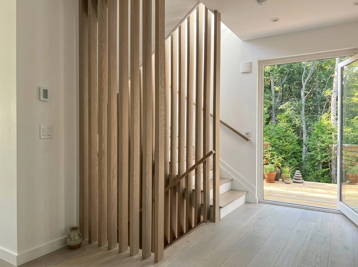 Stair screened by tall vertical oak slats, beside glass doors that open to a wooded deck