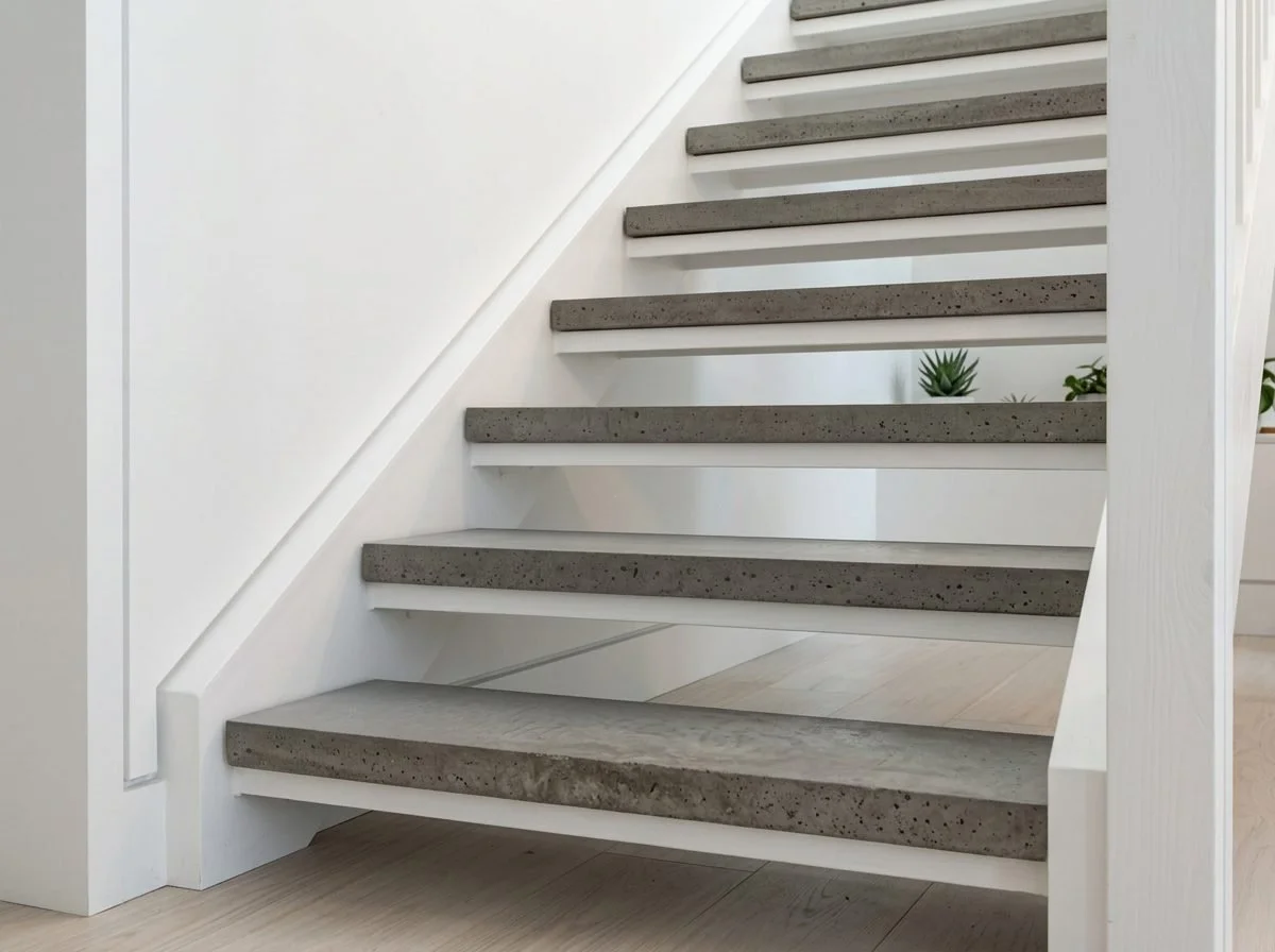 Floating concrete treads cantilevered from a white wall in the Sonoma net-zero home