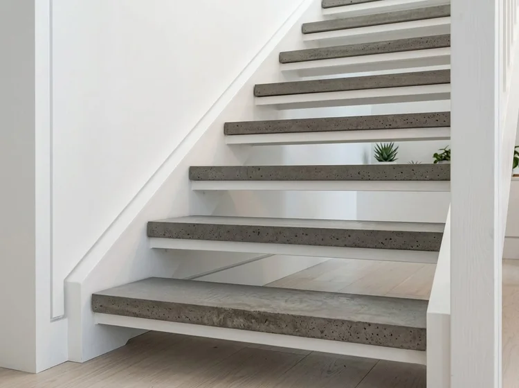Floating concrete treads cantilevered from a white wall in the Sonoma net-zero home