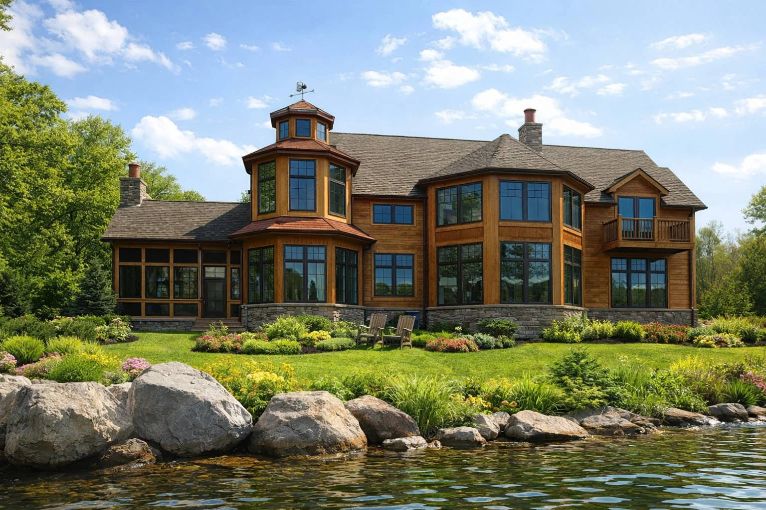 Large wooden house with multiple bay windows and a small balcony, surrounded by greenery, rocks, and a water body in the foreground.