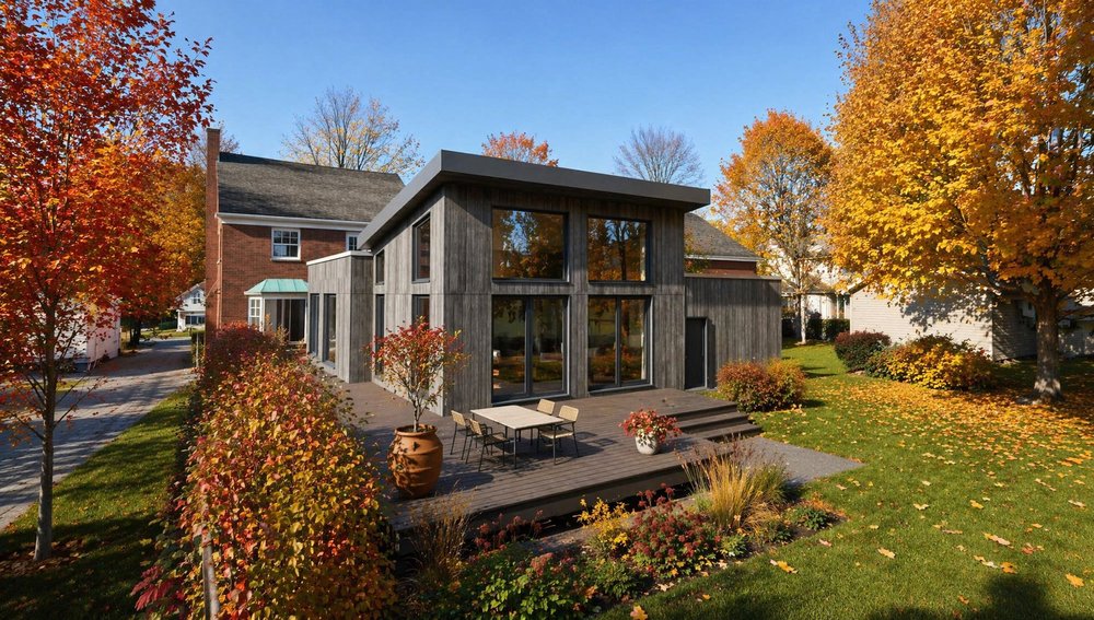 Two-story wood-and-glass addition on a brick house with a deck, in autumn
