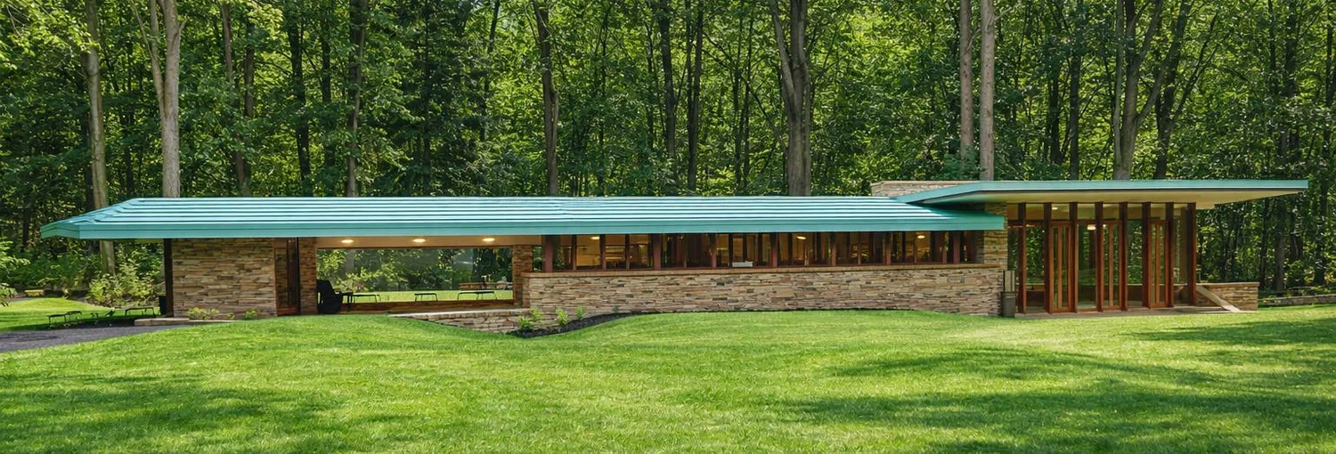 River Rock, a long, low house under a copper-green roof, set into the woods