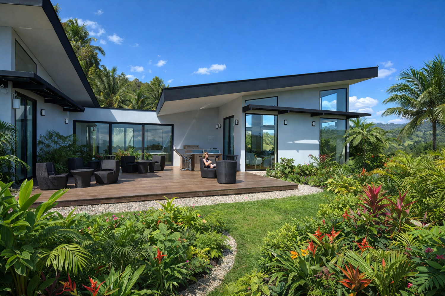 Modern white house with a timber deck surrounded by lush tropical planting