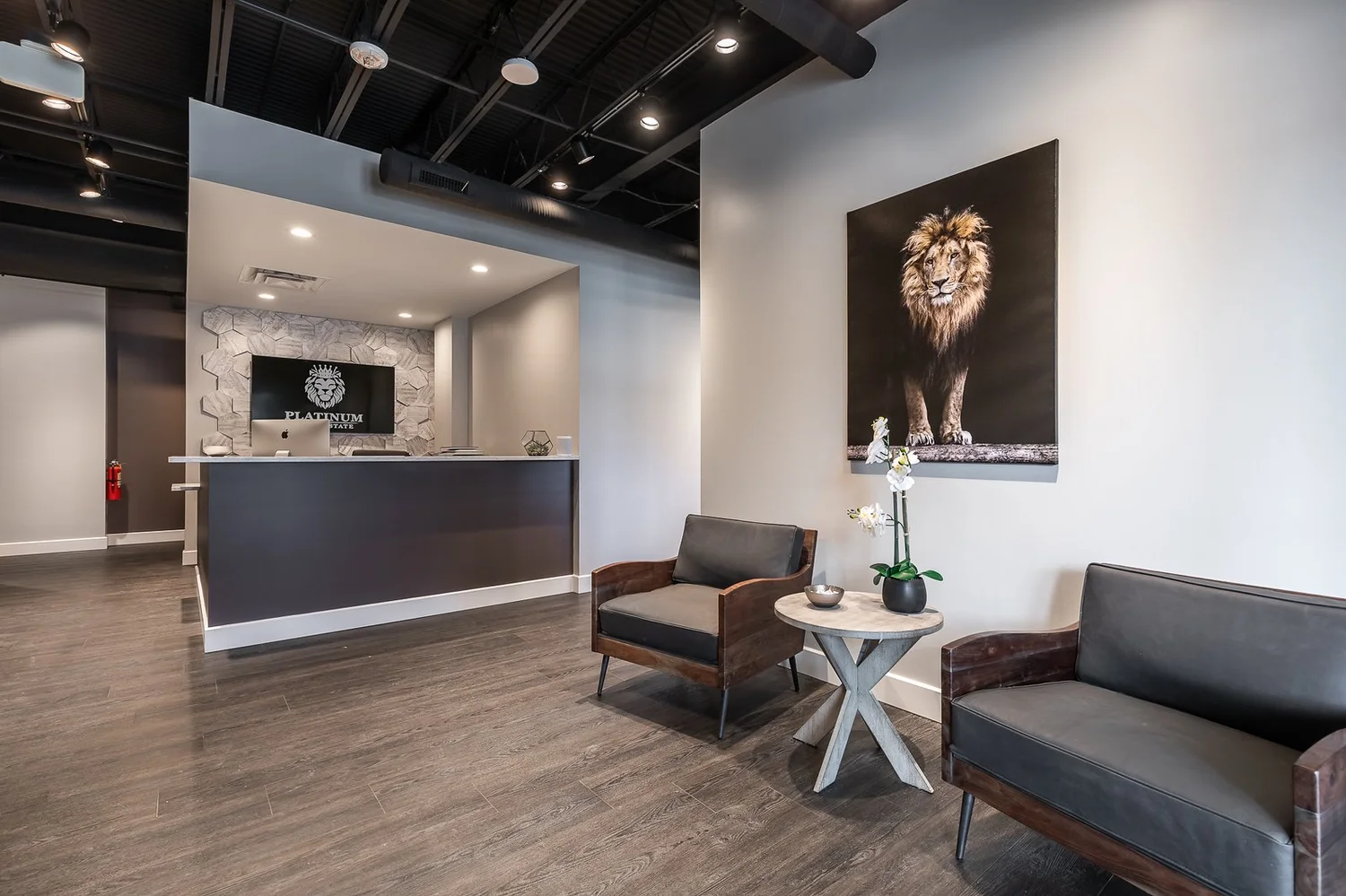 Reception desk with the Platinum Real Estate logo, a waiting area with leather chairs and a large lion portrait